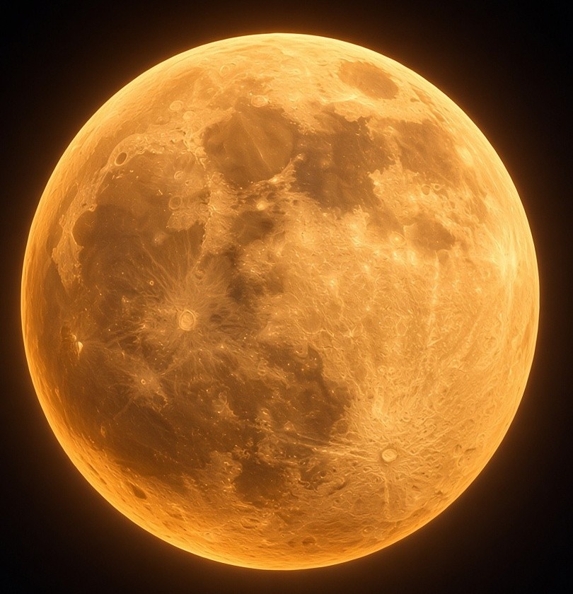 A huge golden full moon glowing in a dark sky.